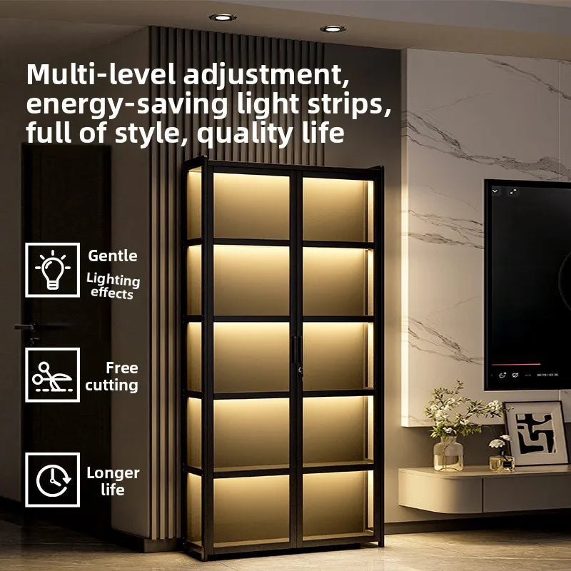 Lockable Wine Bar Cabinet LED Light Floor Standing Wine Storage Display Rack Tall Home Living Room Bar Cabinet Bar Furniture