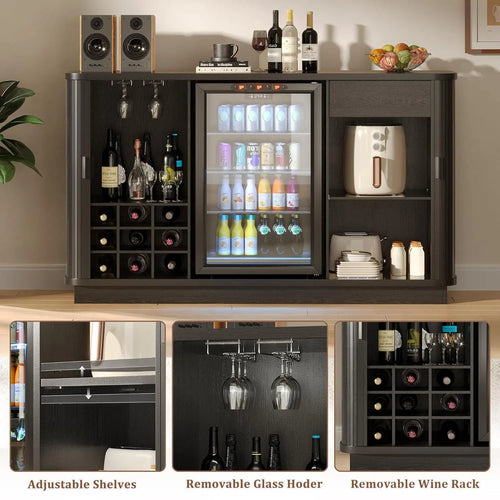 Coffee Bar Cabinet with Fridge Space, Wine Bar Cabinets with Wine Rack, Drawer and Glass Holder, Mini Fridge, Customized