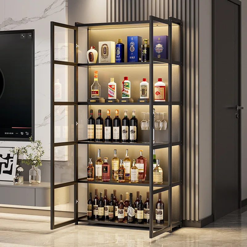 Lockable Wine Bar Cabinet LED Light Floor Standing Wine Storage Display Rack Tall Home Living Room Bar Cabinet Bar Furniture