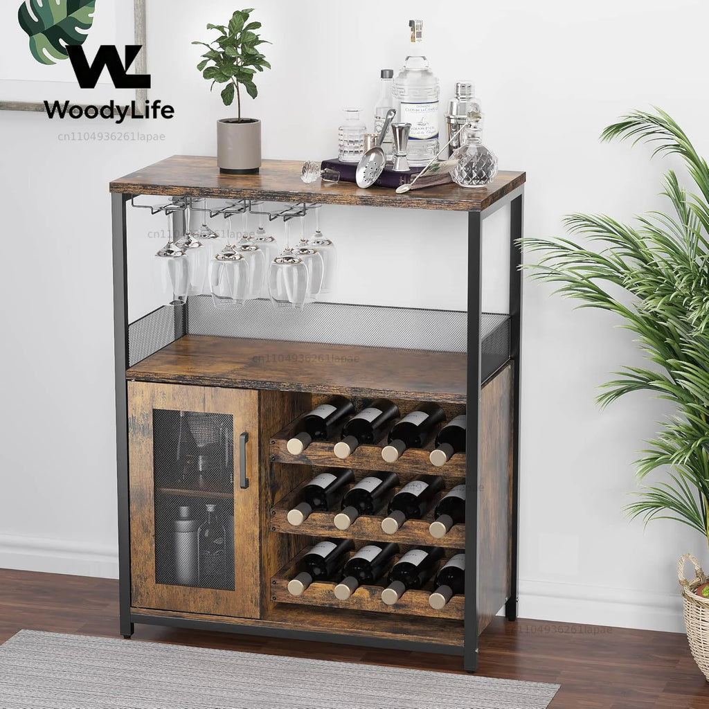 Industrial Sideboard Buffet Cabinet Wine Cabinet with Large Storage Space Detachable Rack with Glass Holder and Mesh Door