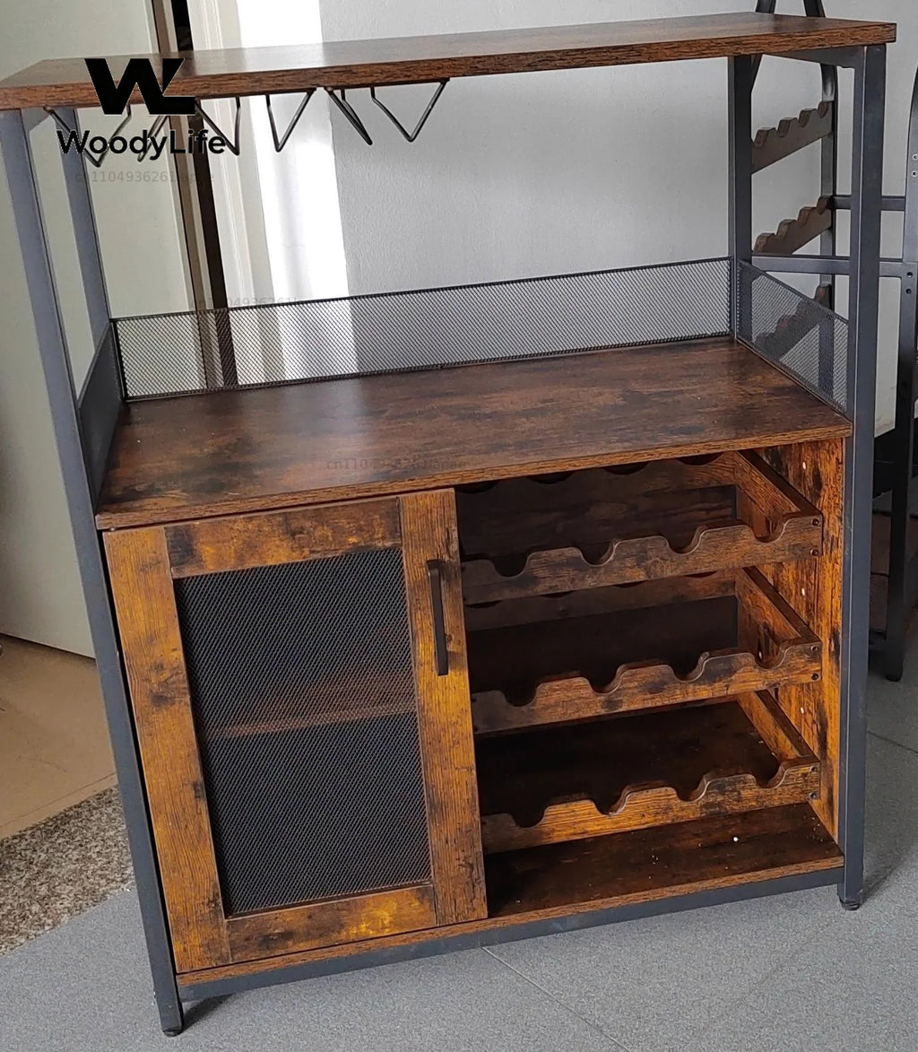 Industrial Sideboard Buffet Cabinet Wine Cabinet with Large Storage Space Detachable Rack with Glass Holder and Mesh Door