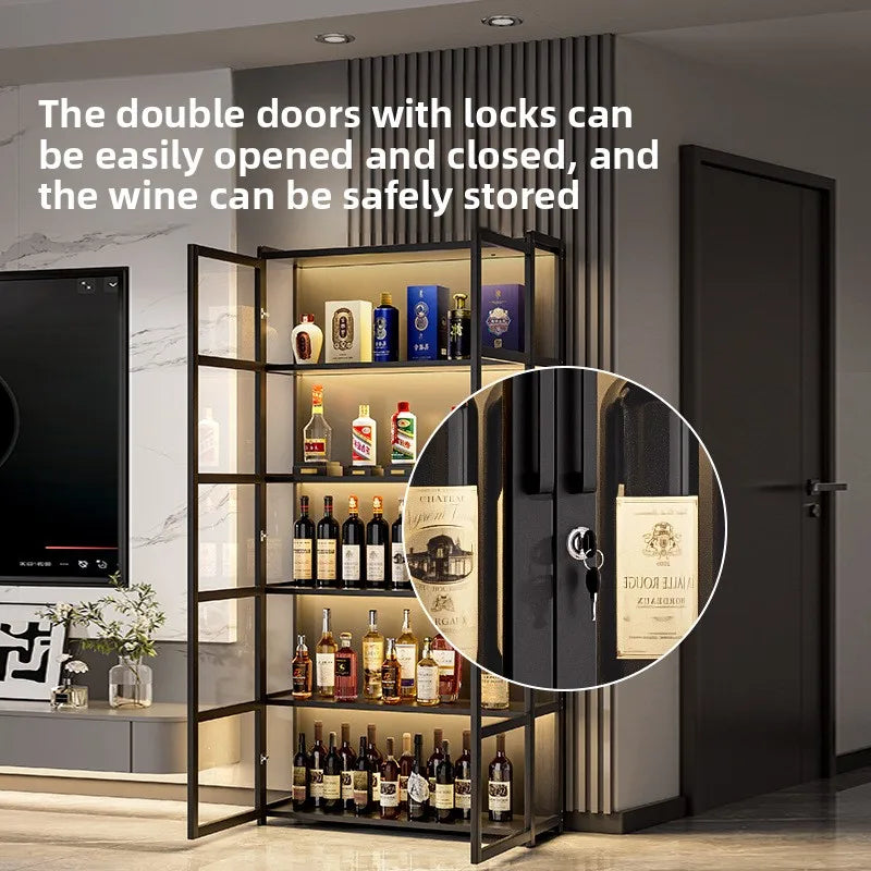 Lockable Wine Bar Cabinet LED Light Floor Standing Wine Storage Display Rack Tall Home Living Room Bar Cabinet Bar Furniture