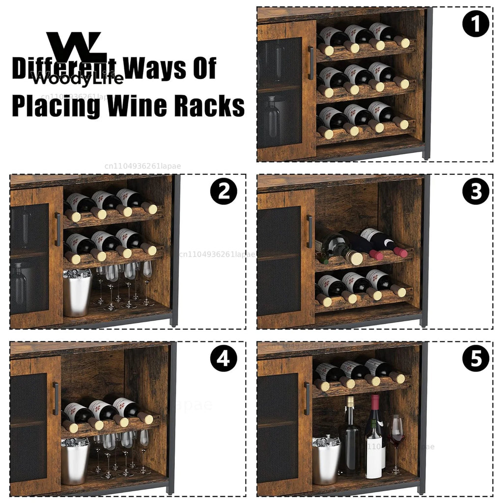 Industrial Sideboard Buffet Cabinet Wine Cabinet with Large Storage Space Detachable Rack with Glass Holder and Mesh Door